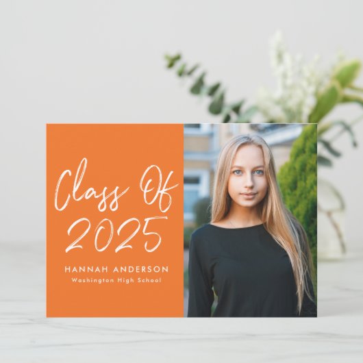 Modern Script Oranje Foto Afstudeerfeest Kaart (Staand voorkant)