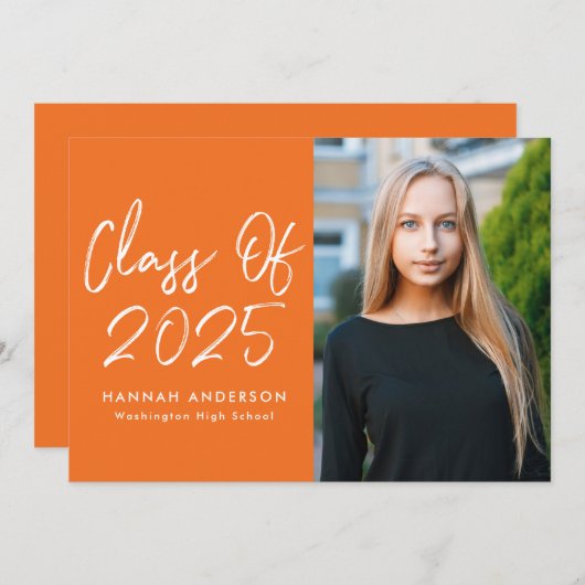 Modern Script Oranje Foto Afstudeerfeest Kaart (Voorkant / Achterkant)