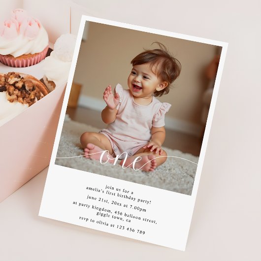 Modern Script Overlay Baby's First Birthday Photo Kaart