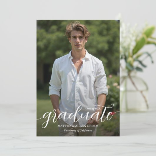 Modern Script Overlay Photo Afstuderen Aankondiging (Staand voorkant)