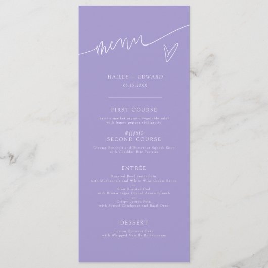 Modern Script Paars Huwelijksmenu Menu (Voorkant)