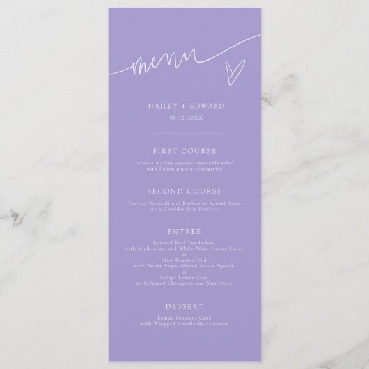 Modern Script Paars Huwelijksmenu Menu (Voorkant)