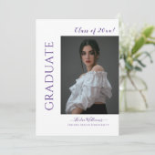 Modern Script Paars Photo Afstuderen Kaart (Staand voorkant)