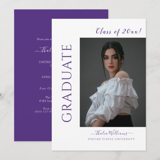 Modern Script Paars Photo Afstuderen Kaart (Voorkant / Achterkant)