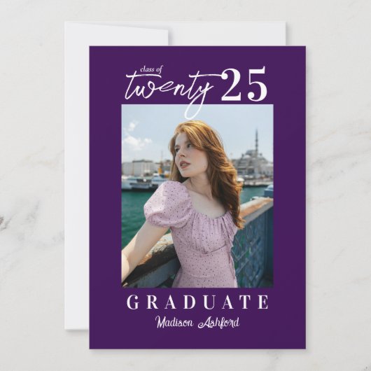 Modern Script Paars Photo Graduparty Kaart (Voorkant)