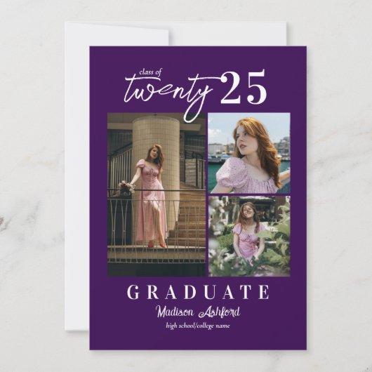 Modern Script Paarse 3 Photo Collage Afstuderen Aankondiging (Voorkant)
