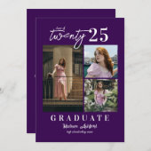 Modern Script Paarse 3 Photo Collage Afstuderen Aankondiging (Voorkant / Achterkant)