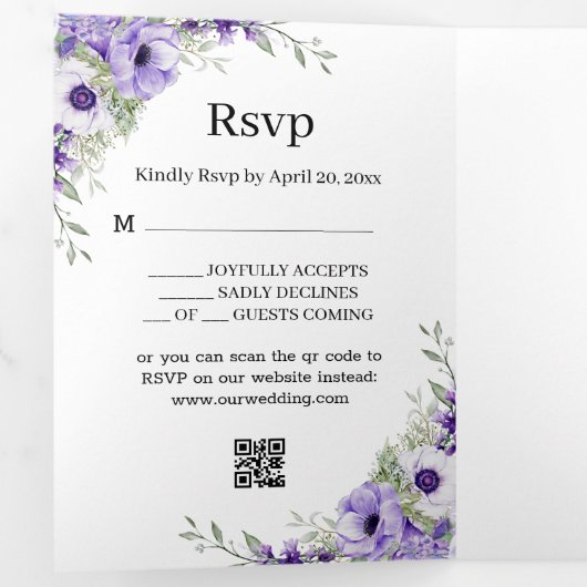 Modern script paarse Bloemen 5 foto's bruiloft Drieluik Uitnodiging (Binnenzijde eerst)