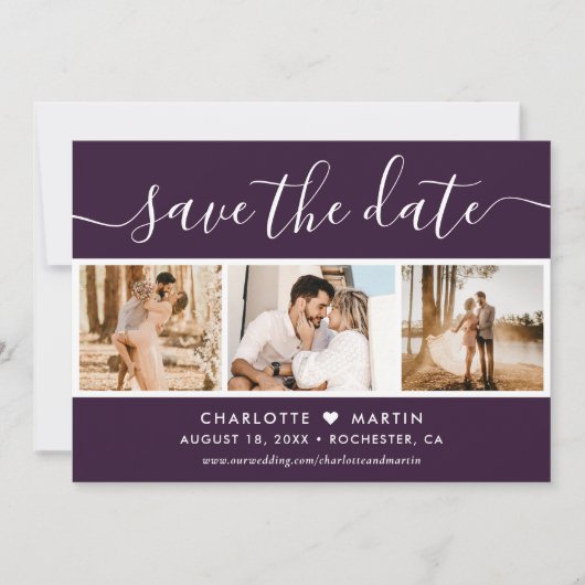 Modern Script Paarse bruiloft 4 Foto Save The Date (Voorkant)