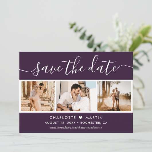 Modern Script Paarse bruiloft 4 Foto Save The Date (Staand voorkant)