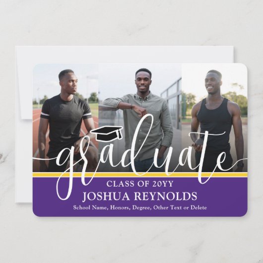 Modern Script Paarse en Gold 4 Photo Afstuderen Aankondiging (Voorkant)