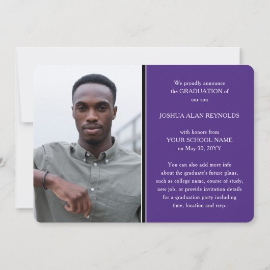 Modern Script Paarse en Wit 4 Foto Afstuderen Aankondiging (Achterkant)