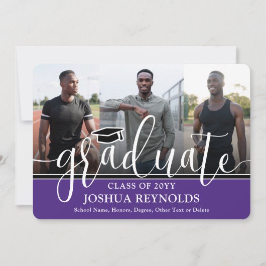 Modern Script Paarse en Wit 4 Foto Afstuderen Aankondiging (Voorkant)