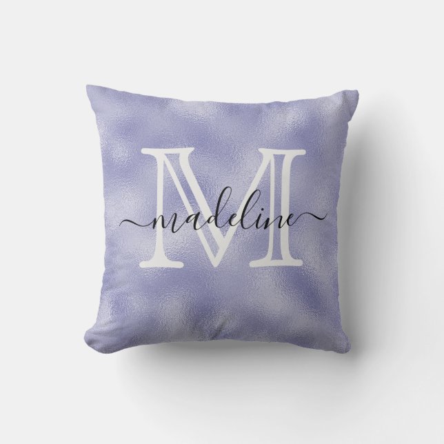 Modern Script Paarse Folie Monogram Kussen (Voorkant)