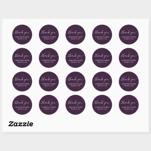 Modern Script Paarse huwelijksdouche Dank u Ronde Sticker (Vel)