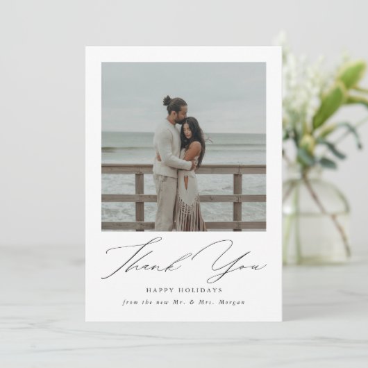 Modern Script Pas getrouwd Feestdagen Beach Foto Bedankkaart (Staand voorkant)