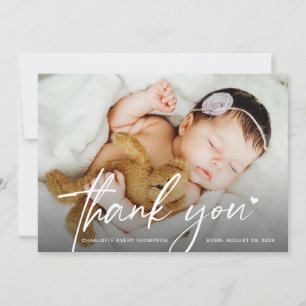 Modern Script Pasgeboren Baby Foto Hart Bedankkaart