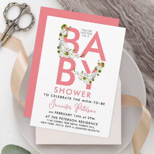 Modern Script Pastel Roze Baby shower Bloemen Kaart