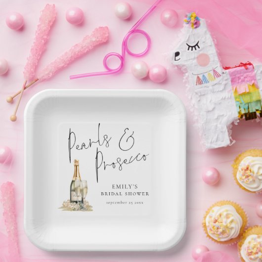 Modern Script Pearls en Prosecco Vrijgezellenfeest Papieren Bordje (Feest)