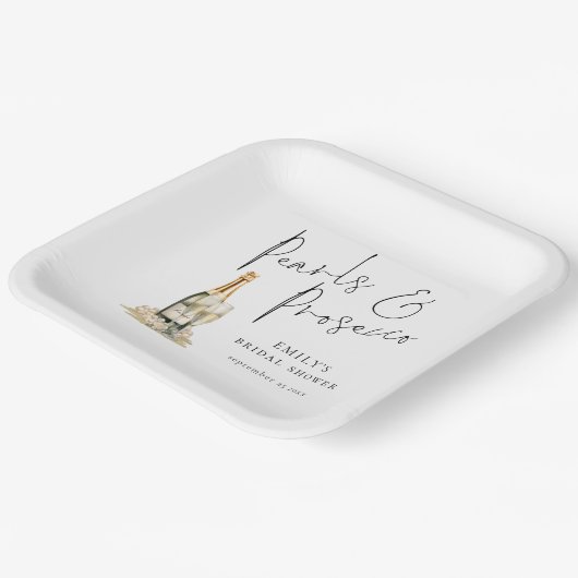 Modern Script Pearls en Prosecco Vrijgezellenfeest Papieren Bordje (Gebogen)
