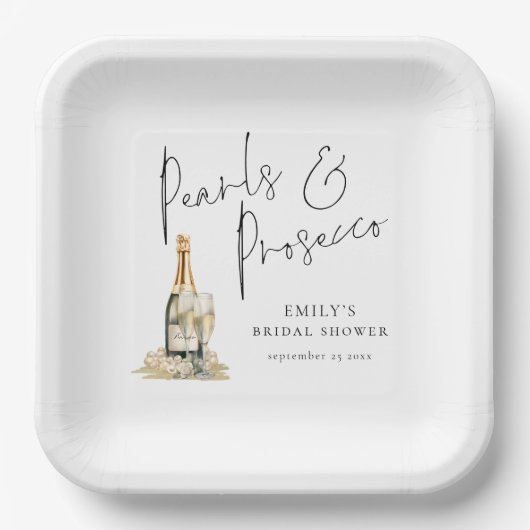 Modern Script Pearls en Prosecco Vrijgezellenfeest Papieren Bordje (Voorkant)