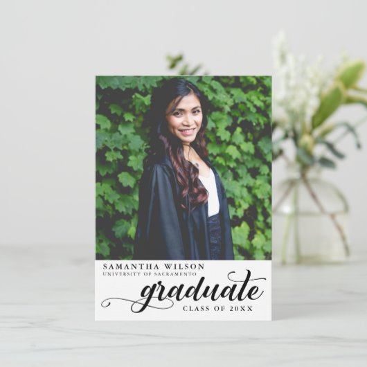 Modern Script Photo Afstuderen Aankondiging (Staand voorkant)