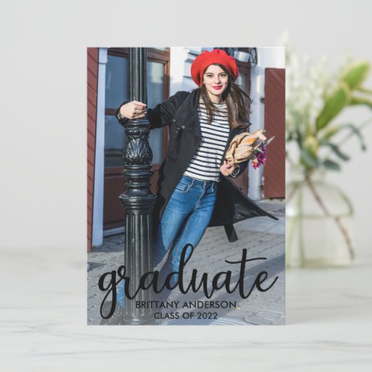 Modern Script Photo Afstuderen Aankondiging (Staand voorkant)