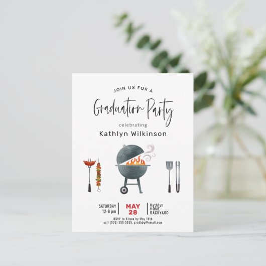 Modern Script Photo Afstuderen BBQ Invitation Briefkaart (Staand voorkant)