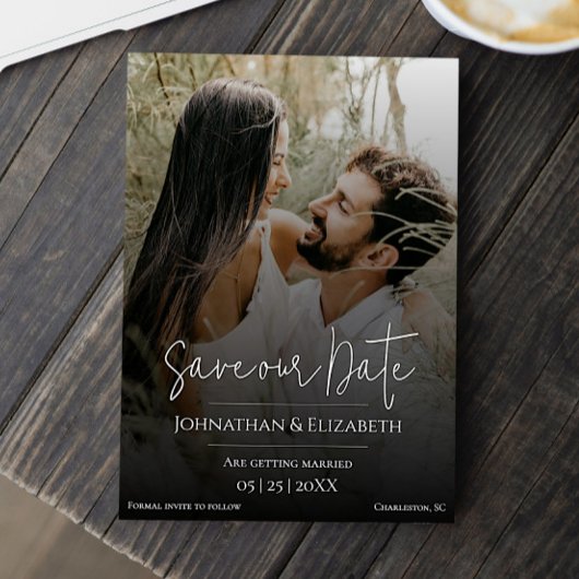 Modern Script Photo Black Overlay Save The Date