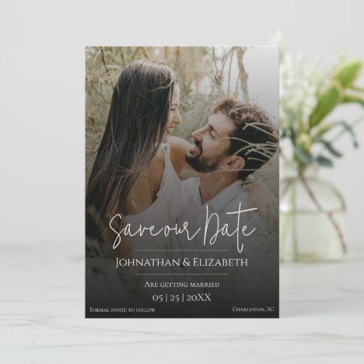 Modern Script Photo Black Overlay Save The Date (Staand voorkant)