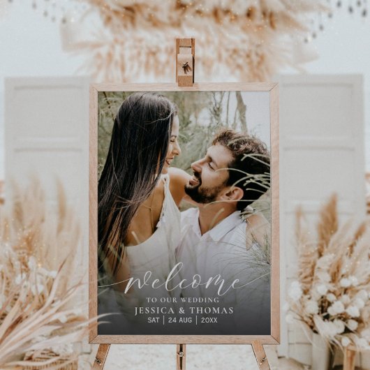 Modern Script Photo Black & White Wedding Sign Poster