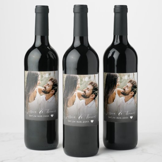 Modern Script Photo Black & White Wedding Wijn Etiket (Flessen)