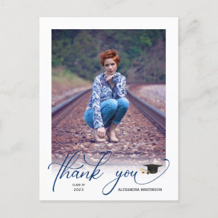 Modern Script Photo Blue Afstuderen Bedankt Briefkaart