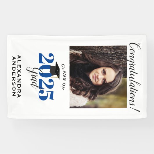 Modern Script Photo Blue Vertical Afstuderen Spandoek (Horizontaal)