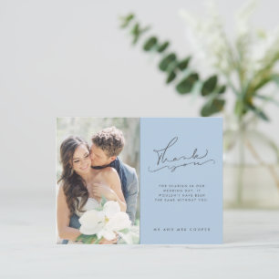 Modern Script Photo Blue Wedding Bedankt Briefkaart