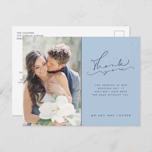 Modern Script Photo Blue Wedding Bedankt Briefkaart (Voorkant / Achterkant)