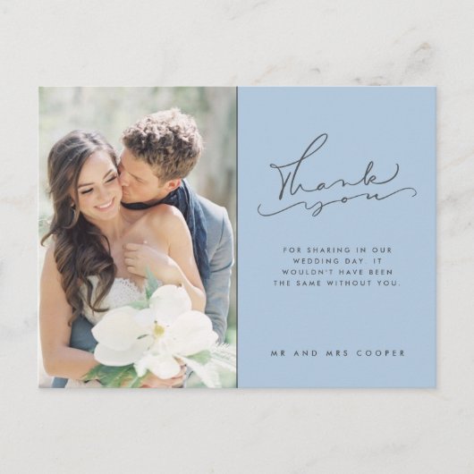 Modern Script Photo Blue Wedding Bedankt Briefkaart (Voorkant)