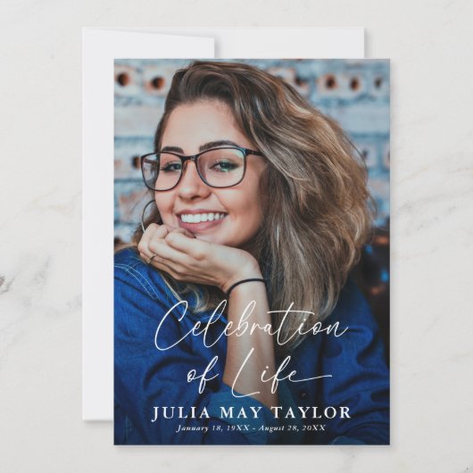 Modern Script Photo Celebration of Life Funeral Kaart (Voorkant)