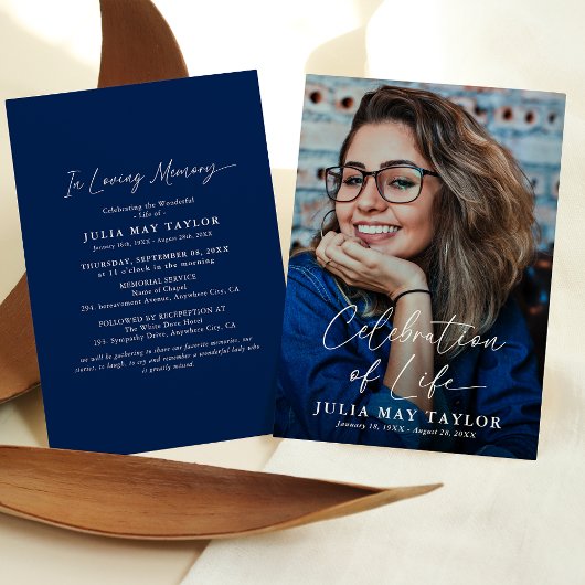 Modern Script Photo Celebration of Life Funeral Kaart