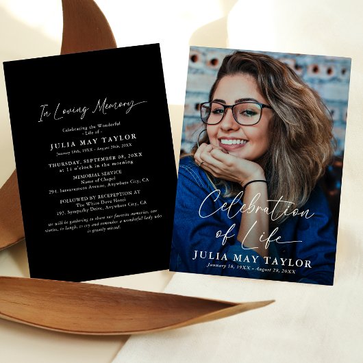 Modern Script Photo Celebration of Life Funeral Kaart