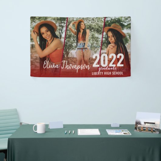 Modern Script Photo Collage Burgundy Afstuderen Spandoek (Beurs)