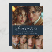 Modern Script Photo Collage Dusty Blue Save The Date (Voorkant / Achterkant)