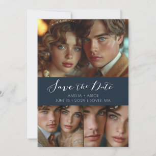 Modern Script Photo Collage Dusty Blue Save The Date