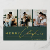 Modern Script Photo Collage Green Merry Christmas Folie Feestdagenkaart (Voorkant)