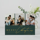 Modern Script Photo Collage Green Merry Christmas Folie Feestdagenkaart (Staand Voorkant)