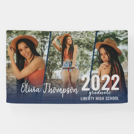 Modern Script Photo Collage Navy Blue Afstuderen B Spandoek (Horizontaal)