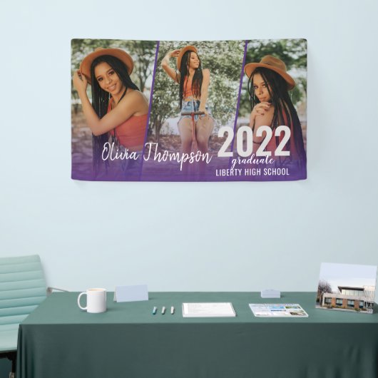 Modern Script Photo Collage Paars Afstuderen Spandoek (Beurs)