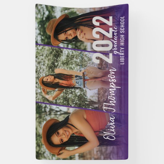 Modern Script Photo Collage Paars Afstuderen Spandoek (Verticaal)