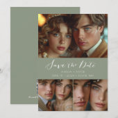 Modern Script Photo Collage Sage Green Save The Date (Voorkant / Achterkant)
