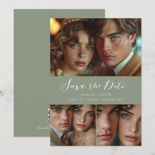 Modern Script Photo Collage Sage Green Save The Date (Voorkant / Achterkant)